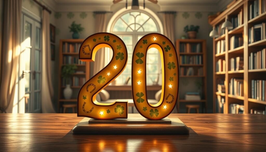 A serene and inviting scene showcasing the number “20” as a focal point. In the foreground, a polished wooden table displays a beautifully crafted, large, glowing number “20”, intricately adorned with symbols of luck such as four-leaf clovers, horseshoes, and stars. The middle ground features a cozy room filled with sunlight pouring in through a large window, casting gentle shadows and creating a warm ambiance. In the background, soft shelves filled with books on numerology and luck enhance the atmosphere of curiosity and wonder. The lighting is soft and muted, evoking a sense of calm and introspection. The overall mood is uplifting and curious, inviting viewers to ponder the significance of lucky numbers in their daily lives. A serene and inviting scene showcasing the number “20” as a focal point. In the foreground, a polished wooden table displays a beautifully crafted, large, glowing number “20”, intricately adorned with symbols of luck such as four-leaf clovers, horseshoes, and stars. The middle ground features a cozy room filled with sunlight pouring in through a large window, casting gentle shadows and creating a warm ambiance. In the background, soft shelves filled with books on numerology and luck enhance the atmosphere of curiosity and wonder. The lighting is soft and muted, evoking a sense of calm and introspection. The overall mood is uplifting and curious, inviting viewers to ponder the significance of lucky numbers in their daily lives.