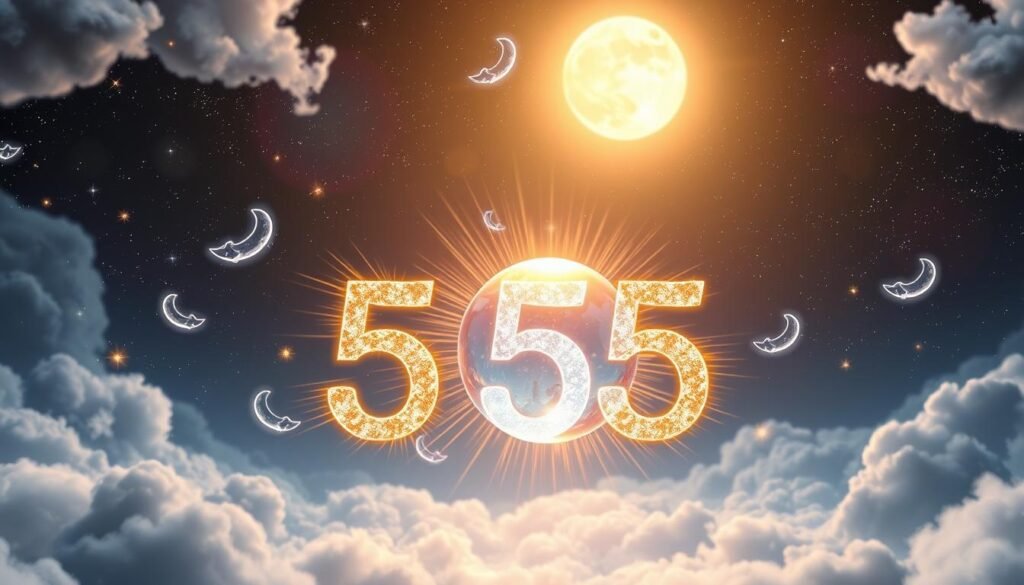 A serene and mystical atmosphere showcasing the concept of angel numbers. In the foreground, a shimmering representation of the number "555" glows softly with golden and silver rays emanating from it. Surrounding it are ethereal symbols representing other angel numbers—like "111," "222," and "333"—interwoven with delicate, swirling clouds. In the middle ground, a semi-transparent crystal orb, reflecting light in a rainbow spectrum, enhances the mystical feel. The background features a dreamy night sky, scattered with twinkling stars and a luminous moon casting a gentle light. The scene should feel tranquil and inspiring, with soft lighting that evokes a sense of wonder and spirituality. Use a wide angle to capture the full essence of this enchanting vision.