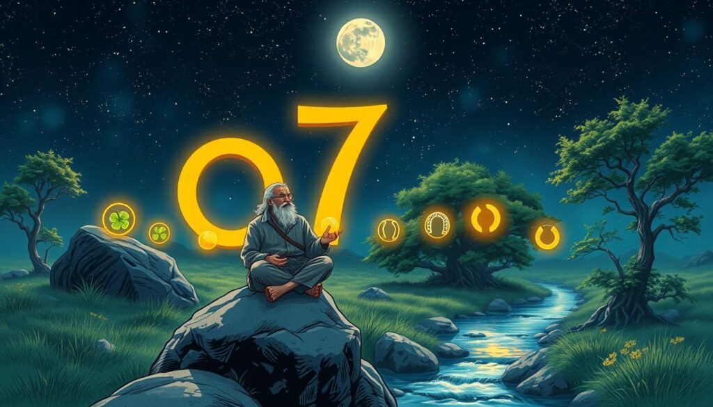 A serene and mystical landscape centered around the number seven, symbolized by large, luminous golden numerals set against a backdrop of a starry night sky. In the foreground, a wise, elderly figure in modest casual clothing sits cross-legged on an ancient stone, reflecting thoughtfully. Surrounding the figure are seven vibrant, glowing orbs, each representing different cultural beliefs about luck, such as a four-leaf clover, a horseshoe, and a bamboo plant. In the middle ground, a gentle stream flows, reflecting the moonlight, while lush green trees sway peacefully. The atmosphere is calm and enchanting, with soft ethereal lighting accentuating the scene, captured with a slight tilt from a low angle, creating a sense of wonder.