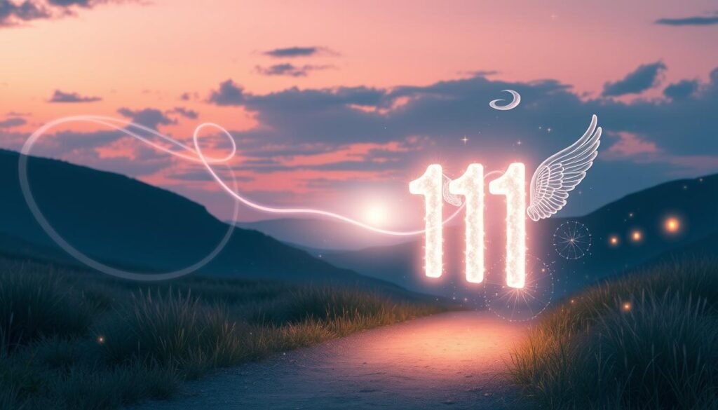 A serene and mystical landscape highlighting the concept of angel numbers, specifically focusing on the number 1111. In the foreground, depict a soft, glowing number "1111" made of shimmering light, surrounded by swirling ethereal wisps and delicate, translucent angel wings. In the middle ground, create a tranquil path leading to a luminous horizon, with celestial symbols subtly integrated into the scenery, like stars and gentle clouds. The background should feature a twilight sky painted in pastel hues of pink and purple, peppered with softly glowing stars, evoking a sense of wonder and curiosity. Use soft, diffused lighting to enhance the dreamlike atmosphere, captured with a wide-angle lens to provide an expansive view that invites exploration. A serene and mystical landscape highlighting the concept of angel numbers, specifically focusing on the number 1111. In the foreground, depict a soft, glowing number "1111" made of shimmering light, surrounded by swirling ethereal wisps and delicate, translucent angel wings. In the middle ground, create a tranquil path leading to a luminous horizon, with celestial symbols subtly integrated into the scenery, like stars and gentle clouds. The background should feature a twilight sky painted in pastel hues of pink and purple, peppered with softly glowing stars, evoking a sense of wonder and curiosity. Use soft, diffused lighting to enhance the dreamlike atmosphere, captured with a wide-angle lens to provide an expansive view that invites exploration.