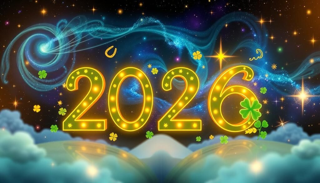 A serene and mystical representation of the concept of lucky numbers in 2026. In the foreground, prominently feature the numbers "2026" designed in a modern, artistic font, glowing softly in vibrant shades of gold and green. Surrounding the numbers, incorporate various symbols of luck, such as horseshoes, four-leaf clovers, and celestial motifs. The middle layer showcases a cosmic background with swirling galaxies and sparkling stars in deep blues and purples, creating a sense of wonder and possibility. The atmosphere should feel uplifting and inspiring, illuminated by ethereal light emanating from the numbers. Use soft focus techniques to enhance depth. The scene is tranquil and inviting, setting a mood of hope and optimism for finding one's lucky number. A serene and mystical representation of the concept of lucky numbers in 2026. In the foreground, prominently feature the numbers "2026" designed in a modern, artistic font, glowing softly in vibrant shades of gold and green. Surrounding the numbers, incorporate various symbols of luck, such as horseshoes, four-leaf clovers, and celestial motifs. The middle layer showcases a cosmic background with swirling galaxies and sparkling stars in deep blues and purples, creating a sense of wonder and possibility. The atmosphere should feel uplifting and inspiring, illuminated by ethereal light emanating from the numbers. Use soft focus techniques to enhance depth. The scene is tranquil and inviting, setting a mood of hope and optimism for finding one's lucky number.
