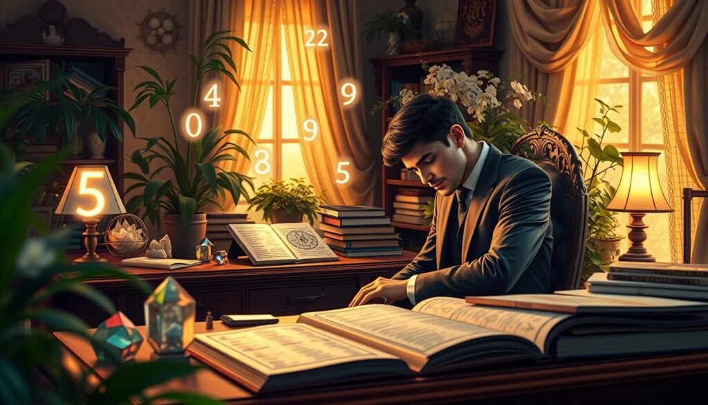 A serene and mystical scene depicting a numerologist’s workspace, nestled within the foreground. An elegantly dressed individual in professional business attire, deeply focused on a birth chart, sits at an antique wooden desk adorned with numerology books and colorful crystals. In the middle ground, soft glowing numerals float in the air, subtly illuminating the space, representing the connection between birth data and lucky numbers. The background features a softly lit room filled with lush plants and delicate fabrics, creating a warm and inviting atmosphere. The lighting is gentle, with warm golden hues casting soft shadows, enhancing the enchanted mood of self-discovery through numerology. The composition is captured from a slightly elevated angle to give a comprehensive view of the intricate details. A serene and mystical scene depicting a numerologist’s workspace, nestled within the foreground. An elegantly dressed individual in professional business attire, deeply focused on a birth chart, sits at an antique wooden desk adorned with numerology books and colorful crystals. In the middle ground, soft glowing numerals float in the air, subtly illuminating the space, representing the connection between birth data and lucky numbers. The background features a softly lit room filled with lush plants and delicate fabrics, creating a warm and inviting atmosphere. The lighting is gentle, with warm golden hues casting soft shadows, enhancing the enchanted mood of self-discovery through numerology. The composition is captured from a slightly elevated angle to give a comprehensive view of the intricate details.
