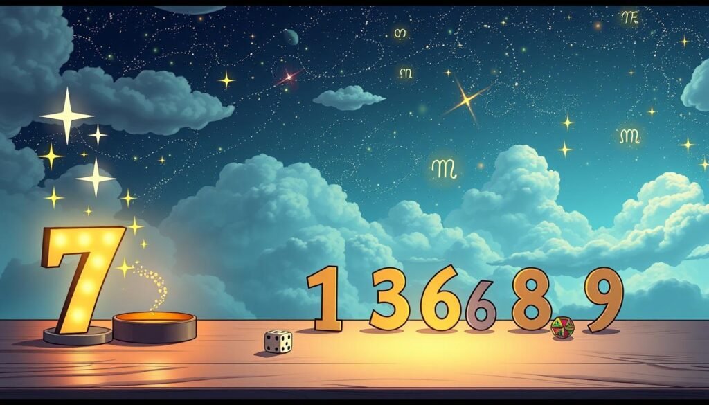 A serene and mystical scene depicting the concept of "Lucky Number Insights." In the foreground, a large illuminated number seven glows softly with sparkling stars surrounding it, symbolizing luck and guidance. In the middle ground, a tranquil table is adorned with various numbers ranging from one to nine, each uniquely designed with symbolic meanings represented by small icons (like dice, a four-leaf clover, and Zodiac signs). The background features a dreamy celestial sky filled with soft clouds and twinkling stars, creating a sense of wonder and introspection. The overall lighting is warm and inviting, casting gentle shadows to enhance depth. The mood is uplifting and contemplative, inspiring viewers to reflect on their personal connections to numbers. A serene and mystical scene depicting the concept of "Lucky Number Insights." In the foreground, a large illuminated number seven glows softly with sparkling stars surrounding it, symbolizing luck and guidance. In the middle ground, a tranquil table is adorned with various numbers ranging from one to nine, each uniquely designed with symbolic meanings represented by small icons (like dice, a four-leaf clover, and Zodiac signs). The background features a dreamy celestial sky filled with soft clouds and twinkling stars, creating a sense of wonder and introspection. The overall lighting is warm and inviting, casting gentle shadows to enhance depth. The mood is uplifting and contemplative, inspiring viewers to reflect on their personal connections to numbers.