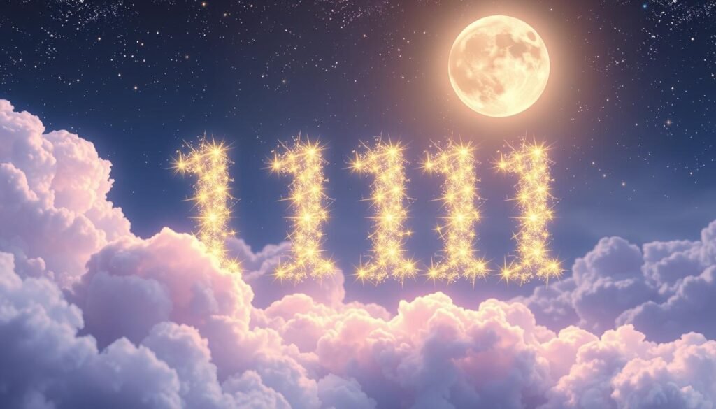 A serene and mystical scene depicting the concept of angel number 1111. In the foreground, include ethereal translucent clouds softly glowing in shades of lavender and gold, symbolizing positivity and guidance. The middle ground should feature the number "1111" artistically formed from shimmering light and surrounded by sparkling stars, conveying a sense of magic and significance. In the background, a tranquil night sky filled with twinkling stars and a large, luminous moon casts a gentle light over the scene, creating a dreamy atmosphere. Use soft illumination to highlight the glowing elements, with a focus on creating a soothing and uplifting mood, reminiscent of spiritual awakening and intuition. The composition should be balanced and harmonious, inviting viewers to reflect on the meaning and importance of the number. A serene and mystical scene depicting the concept of angel number 1111. In the foreground, include ethereal translucent clouds softly glowing in shades of lavender and gold, symbolizing positivity and guidance. The middle ground should feature the number "1111" artistically formed from shimmering light and surrounded by sparkling stars, conveying a sense of magic and significance. In the background, a tranquil night sky filled with twinkling stars and a large, luminous moon casts a gentle light over the scene, creating a dreamy atmosphere. Use soft illumination to highlight the glowing elements, with a focus on creating a soothing and uplifting mood, reminiscent of spiritual awakening and intuition. The composition should be balanced and harmonious, inviting viewers to reflect on the meaning and importance of the number.