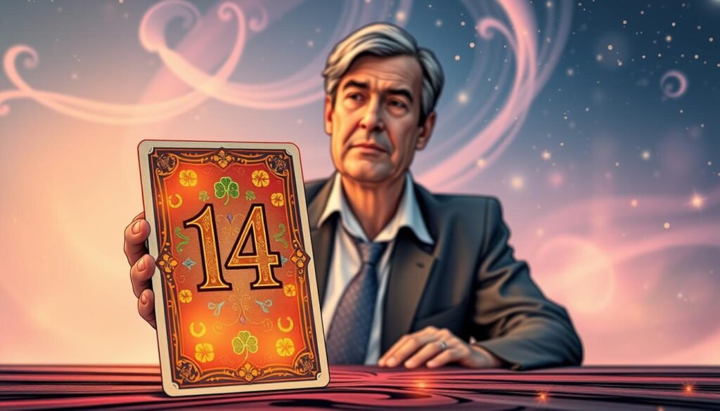 A serene and mystical scene depicting the concept of the number 14 as a lucky number. In the foreground, an ornate tarot card featuring the number 14 painted in vibrant colors, surrounded by glowing symbols of good fortune like four-leaf clovers and horseshoes. The middle ground showcases a wise numerologist, a middle-aged individual wearing professional attire, gazing thoughtfully at the card. In the background, a soft-focus celestial sky filled with stars and gentle swirls of pastel hues, creating an ethereal atmosphere. The lighting is warm and inviting, with a subtle glow illuminating the card, adding a sense of magic and mystery. The overall mood is reflective and hopeful, inviting viewers to ponder the significance of 14 in numerology without any text overlays or distractions. A serene and mystical scene depicting the concept of the number 14 as a lucky number. In the foreground, an ornate tarot card featuring the number 14 painted in vibrant colors, surrounded by glowing symbols of good fortune like four-leaf clovers and horseshoes. The middle ground showcases a wise numerologist, a middle-aged individual wearing professional attire, gazing thoughtfully at the card. In the background, a soft-focus celestial sky filled with stars and gentle swirls of pastel hues, creating an ethereal atmosphere. The lighting is warm and inviting, with a subtle glow illuminating the card, adding a sense of magic and mystery. The overall mood is reflective and hopeful, inviting viewers to ponder the significance of 14 in numerology without any text overlays or distractions.