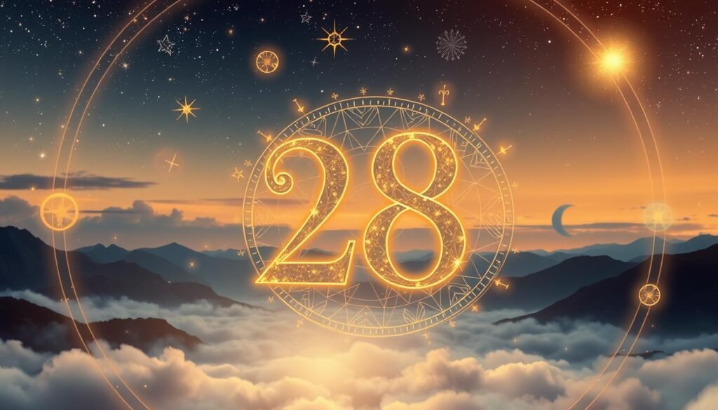 A serene and mystical scene depicting the number 28 as a centerpiece, surrounded by ethereal symbols of numerology like star constellations, circles, and harmonious geometric shapes. In the foreground, a gentle, glowing golden number 28 is embellished with intricate patterns and soft, radiant light. The middle ground features a dreamy landscape with a starlit sky and soft clouds, suggesting a sense of wonder and exploration. In the background, silhouettes of mountains fade into a twilight hue, casting a tranquil atmosphere. Warm and soft lighting bathes the scene, creating a magical, inviting ambiance. The overall mood is introspective and hopeful, reflecting themes of fortune and destiny in numerology. Focus on the clarity and elegance of the number 28, maintaining an artistic and professional aesthetic without any text or distractions. A serene and mystical scene depicting the number 28 as a centerpiece, surrounded by ethereal symbols of numerology like star constellations, circles, and harmonious geometric shapes. In the foreground, a gentle, glowing golden number 28 is embellished with intricate patterns and soft, radiant light. The middle ground features a dreamy landscape with a starlit sky and soft clouds, suggesting a sense of wonder and exploration. In the background, silhouettes of mountains fade into a twilight hue, casting a tranquil atmosphere. Warm and soft lighting bathes the scene, creating a magical, inviting ambiance. The overall mood is introspective and hopeful, reflecting themes of fortune and destiny in numerology. Focus on the clarity and elegance of the number 28, maintaining an artistic and professional aesthetic without any text or distractions.