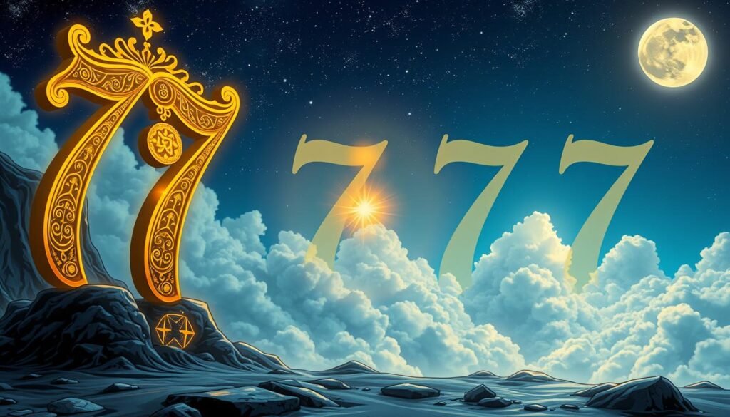 A serene and mystical scene depicting the numerology behind the number 7777, focused on the concept of luck and spiritual significance. In the foreground, an ornate, golden 7777 stands tall, embellished with intricate symbols representing intuition, enlightenment, and abundance. In the middle ground, a soft, glowing aura radiates around the number, with subtle overlays of celestial patterns and cosmic elements that evoke a sense of harmony. The background features a dreamy, ethereal landscape with stars twinkling in a deep blue night sky, surrounded by clouds gently illuminated by moonlight. The atmosphere is tranquil and inspiring, with a gentle light source casting soft shadows, capturing the viewer's imagination about the profound meaning of this number. The composition should convey a sense of wonder and introspection. A serene and mystical scene depicting the numerology behind the number 7777, focused on the concept of luck and spiritual significance. In the foreground, an ornate, golden 7777 stands tall, embellished with intricate symbols representing intuition, enlightenment, and abundance. In the middle ground, a soft, glowing aura radiates around the number, with subtle overlays of celestial patterns and cosmic elements that evoke a sense of harmony. The background features a dreamy, ethereal landscape with stars twinkling in a deep blue night sky, surrounded by clouds gently illuminated by moonlight. The atmosphere is tranquil and inspiring, with a gentle light source casting soft shadows, capturing the viewer's imagination about the profound meaning of this number. The composition should convey a sense of wonder and introspection.