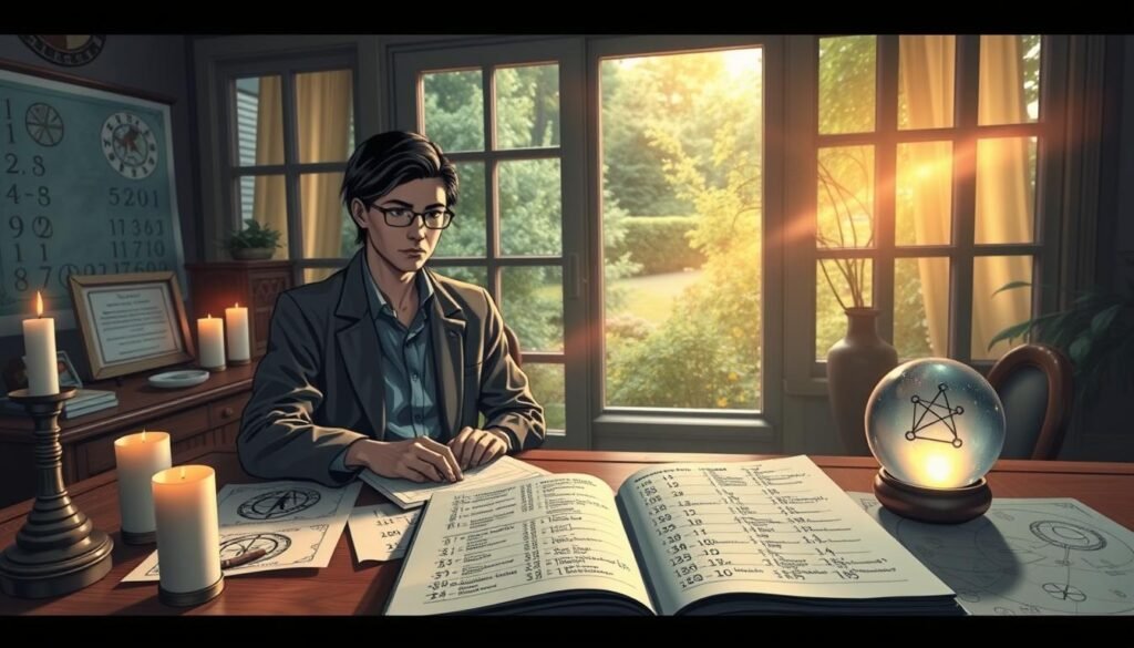A serene and mystical scene depicting the process of calculating lucky numbers from birth dates. In the foreground, a gentle, focused individual, dressed in modest business attire, sits at a wooden desk covered with numerology charts, candles, and a crystal orb emitting a soft glow. The middle ground features an open notebook, revealing handwritten calculations and astrological symbols. In the background, a tranquil window provides a view of a lush garden bathed in warm, golden sunlight, with soft rays highlighting elements of the desk and charts. The mood is calm and contemplative, inviting viewers into the world of numerical exploration and personal insight. Utilize soft, diffused lighting to create a peaceful atmosphere, with a shallow depth of field focusing on the individual and their work.
