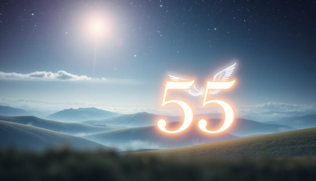 A serene and mystical scene showcasing angel number 555, glowing softly in the foreground, surrounded by ethereal light. The number appears in an elegant, shimmering font, radiating a sense of hope and transformation. In the middle ground, a tranquil landscape unfolds, featuring gentle hills under a starlit sky, with soft clouds swirling around. Delicate angelic wings subtly emerge from the light, symbolizing guidance and protection. The background transitions into a gradient of deep blues and purples, evoking a dreamlike atmosphere. The overall mood is uplifting and inspiring, inviting contemplation of luck and significance. Soft, diffused lighting enhances the ethereal feel, with a shallow depth of field focusing on the angel number and wings, allowing the viewer to feel a sense of wonder and connection.