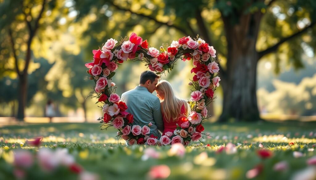 A serene and romantic scene depicting the number 21 as a central element in a heart-shaped arrangement made of flowers, symbolizing love and relationships. In the foreground, the number 21 is elegantly crafted from intertwined vines adorned with soft petals in shades of pink, red, and white. The middle ground features a couple sitting together, dressed in smart casual clothing, sharing a moment of connection as they take in the beauty of the floral design. The background is blurred gently, showcasing a sunlit park with soft, dappled light filtering through tree leaves, creating a warm and inviting atmosphere. The overall mood is tender and hopeful, capturing the essence of love and the significance of the number 21.