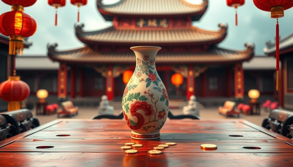 A serene and thoughtful depiction of the number "5" in a Chinese cultural context, surrounded by traditional symbols of luck, such as red lanterns and gold coins. In the foreground, an ornate wooden table displays a beautifully crafted porcelain vase with the number "5" artistically represented in vibrant colors. In the middle ground, soft, warm lighting illuminates the scene, creating a sense of calm and intrigue. The background features a blurred, intricately designed Chinese temple, giving a sense of cultural depth. The overall atmosphere is mystical and inviting, capturing the essence of curiosity and exploration surrounding the number's significance in Chinese culture. Use a shallow depth of field to focus on the foreground elements, enhancing the richness of the textures.
