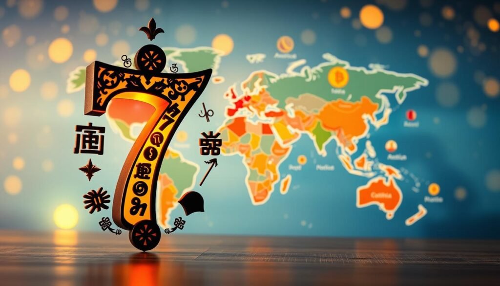 A serene and vibrant representation of the cultural significance of numbers around the globe. In the foreground, visualize a prominent numeral “7” surrounded by traditional symbols from various cultures, such as Chinese characters, Native American patterns, and Celtic knots. In the middle ground, display a world map showcasing different countries with their lucky numbers highlighted, each symbolized by culturally relevant imagery like coins, talismans, and floral designs. The background should feature a soft gradient of blue and gold, suggesting harmony and prosperity, illuminated by warm, ambient lighting. Capture the scene from a slightly elevated angle, with a focus depth that foregrounds the numeral while gently blurring the map, creating an inviting and educational atmosphere. The overall mood should feel mystical and celebratory, reflecting the universal fascination with numbers.
