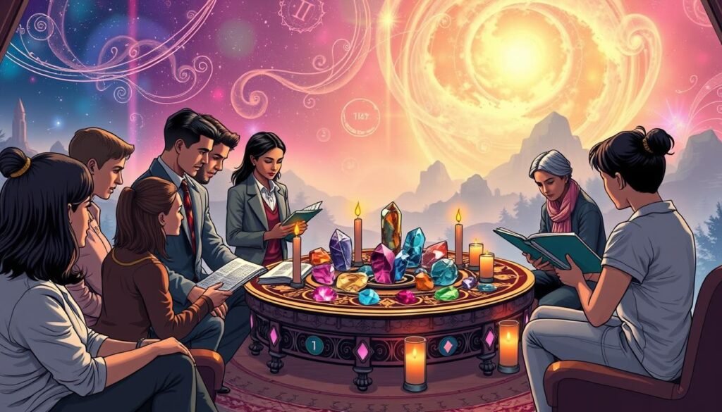 A serene and vibrant scene illustrating the concept of lucky numbers in numerology. In the foreground, a diverse group of individuals of various ages, dressed in smart casual attire, are engaged in a discussion, examining astrological charts and numerology books. The middle ground features an intricately designed table adorned with colorful crystals, each representing different numbers, surrounded by candles casting a warm glow. In the background, a soft-focus, mystical landscape with swirling ethereal patterns and abstract representations of numbers blends seamlessly into a celestial atmosphere. The lighting is soft and inviting, reminiscent of a cozy study or wellness space, creating a calm and reflective mood, encouraging viewers to explore the personal significance of their lucky numbers.
