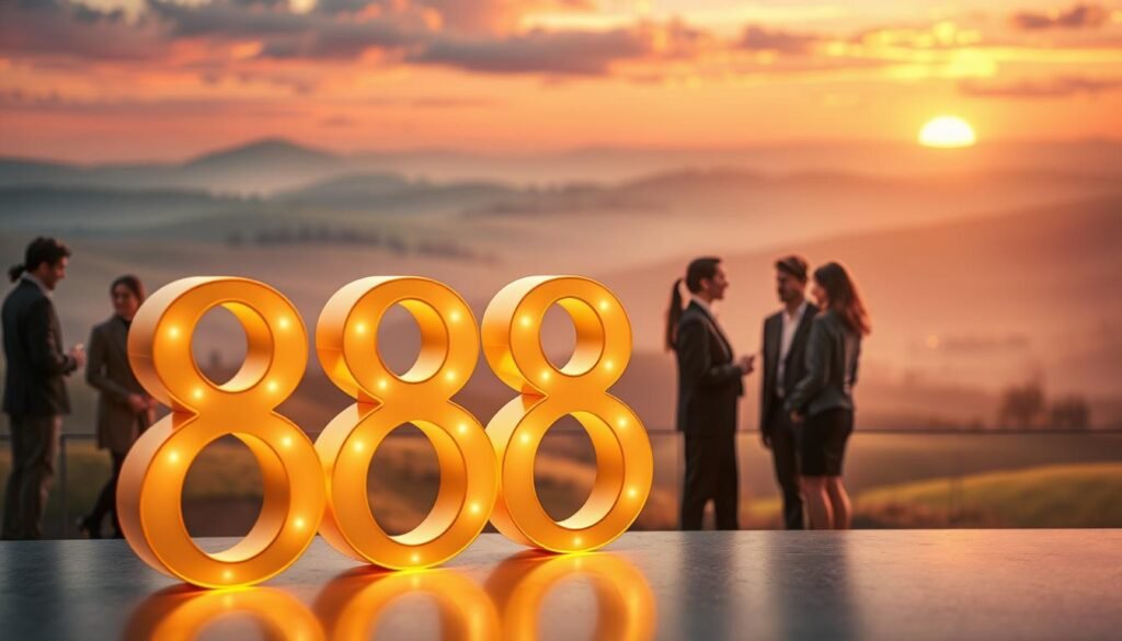 A serene and visually captivating scene that embodies the significance of the number 888 in life. In the foreground, three elegant golden 888 numerals are artfully arranged, glowing softly as if illuminated by an ethereal light. The middle ground features a diverse group of people in professional attire, engaged in thoughtful conversation about prosperity and abundance, their expressions reflecting curiosity and contemplation. The background shows a tranquil landscape of rolling hills under a vibrant sunset, filled with hues of orange, pink, and lavender, symbolizing hope and new beginnings. The overall mood is one of inspiration and enlightenment, with soft-focus lighting creating a dreamlike atmosphere. A shallow depth of field emphasizes the 888 numerals while maintaining sharp focus on the figures in conversation, suggesting a blend of personal and communal significance associated with the number. A serene and visually captivating scene that embodies the significance of the number 888 in life. In the foreground, three elegant golden 888 numerals are artfully arranged, glowing softly as if illuminated by an ethereal light. The middle ground features a diverse group of people in professional attire, engaged in thoughtful conversation about prosperity and abundance, their expressions reflecting curiosity and contemplation. The background shows a tranquil landscape of rolling hills under a vibrant sunset, filled with hues of orange, pink, and lavender, symbolizing hope and new beginnings. The overall mood is one of inspiration and enlightenment, with soft-focus lighting creating a dreamlike atmosphere. A shallow depth of field emphasizes the 888 numerals while maintaining sharp focus on the figures in conversation, suggesting a blend of personal and communal significance associated with the number.