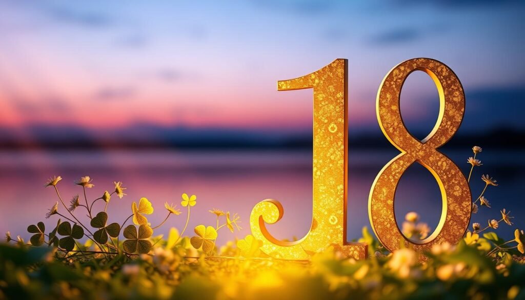 A serene and visually engaging composition focusing on the number 18 as a symbol of luck. In the foreground, a large, elegant display of the number "18" crafted from gold leaf, shimmering softly in warm light. Surrounding it are subtle icons representing luck, such as four-leaf clovers, horseshoes, and astrological symbols, all intertwined with delicate flowers. In the middle ground, a softly blurred background features a calm, twilight sky transitioning from deep blue to soft lavender, creating a sense of tranquility. Gentle beams of light filter through the scene, enhancing the golden hue of the number "18." The atmosphere is uplifting and hopeful, capturing the allure and significance of the number as a lucky charm, inviting contemplation and wonder. A serene and visually engaging composition focusing on the number 18 as a symbol of luck. In the foreground, a large, elegant display of the number "18" crafted from gold leaf, shimmering softly in warm light. Surrounding it are subtle icons representing luck, such as four-leaf clovers, horseshoes, and astrological symbols, all intertwined with delicate flowers. In the middle ground, a softly blurred background features a calm, twilight sky transitioning from deep blue to soft lavender, creating a sense of tranquility. Gentle beams of light filter through the scene, enhancing the golden hue of the number "18." The atmosphere is uplifting and hopeful, capturing the allure and significance of the number as a lucky charm, inviting contemplation and wonder.