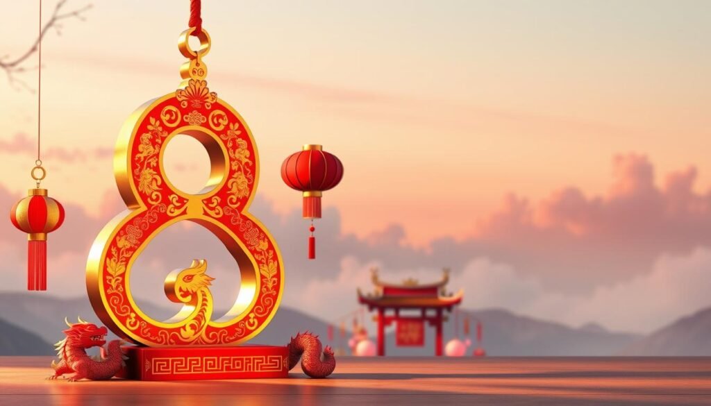 A serene and visually engaging illustration focused on the number 8, symbolizing luck in Chinese culture. In the foreground, a large, elegant gold number 8 sits prominently, adorned with intricate red and gold Chinese patterns, representing fortune and prosperity. The middle ground features traditional Chinese elements such as a beautiful red lantern and auspicious symbols like the dragon and phoenix, artfully arranged around the number. In the background, a soft focus depicts a subtle, cloudy sky at dawn with gentle hues of pink and orange, creating a tranquil atmosphere. The lighting is warm and inviting, casting soft shadows that enhance the intricacy of the designs. The overall mood is one of hope, fortune, and cultural richness.