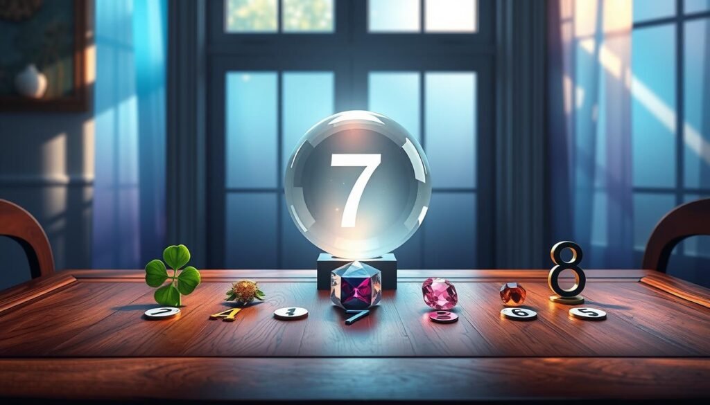 A serene and visually striking image depicting "lucky number meanings." In the foreground, a beautifully crafted wooden table displays various lucky numbers, each one represented by distinctive symbolic items, like a four-leaf clover for 4, vibrant gemstones for 7, and a horseshoe for 8. In the middle ground, a softly lit crystal orb glimmers, reflecting these numbers with ethereal light. The background features a calming gradient of blues and purples, evoking a mystical atmosphere. Natural light spills through a nearby window, casting gentle shadows and highlights that enhance the enchanting mood. The overall composition is harmonious, inviting the viewer to explore the deeper significance of every number while maintaining a polished and professional aesthetic. A serene and visually striking image depicting "lucky number meanings." In the foreground, a beautifully crafted wooden table displays various lucky numbers, each one represented by distinctive symbolic items, like a four-leaf clover for 4, vibrant gemstones for 7, and a horseshoe for 8. In the middle ground, a softly lit crystal orb glimmers, reflecting these numbers with ethereal light. The background features a calming gradient of blues and purples, evoking a mystical atmosphere. Natural light spills through a nearby window, casting gentle shadows and highlights that enhance the enchanting mood. The overall composition is harmonious, inviting the viewer to explore the deeper significance of every number while maintaining a polished and professional aesthetic.