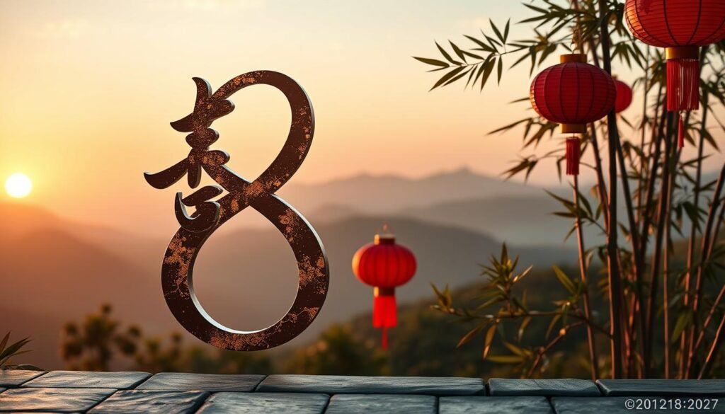 A serene and visually striking representation of the number 8 delicately entwined with traditional Chinese symbols of luck and prosperity. In the foreground, the number 8 is artistically crafted in elegant calligraphy, adorned with golden accents that shimmer. The middle layer features vibrant red lanterns and rich, lush bamboo, both significant in Chinese culture, contributing to the auspicious theme. The background showcases a soft, ethereal landscape with rolling hills and a tranquil sunset, casting warm hues that enhance the overall atmosphere of positivity and fortune. The image is illuminated by gentle, diffused lighting, creating a peaceful mood that emphasizes harmony and the importance of numbers in Chinese culture. Use a wide-angle lens to capture the expansive beauty of the scene, ensuring a balanced composition with depth and tranquility.