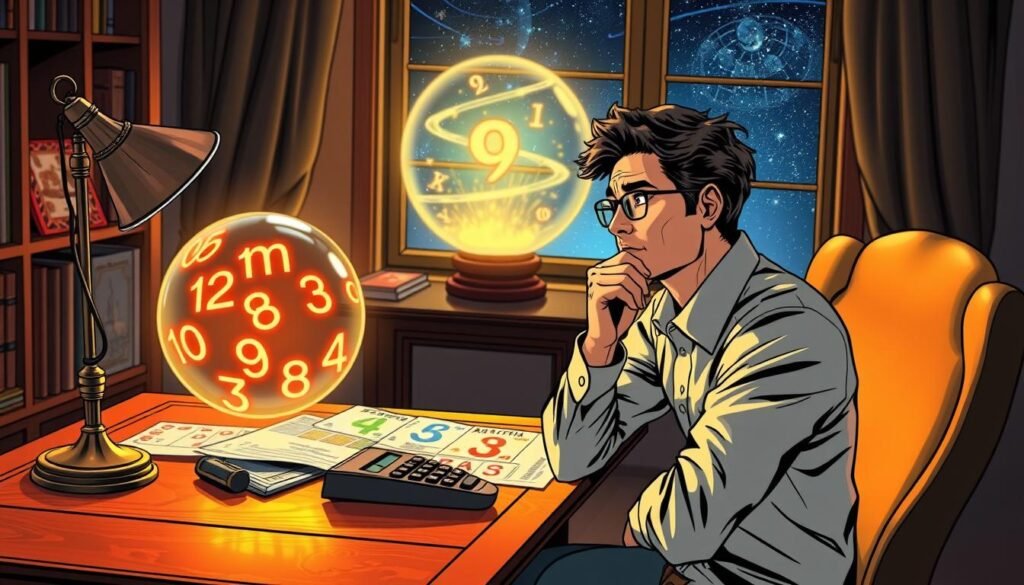 A serene and whimsical scene depicting the process of discovering one's lucky number through a name. In the foreground, a thoughtful person, dressed in smart casual attire, is seated at a beautifully crafted wooden desk filled with colorful numerology charts and a vintage calculator. The middle ground features a glowing crystal sphere that casts vibrant numbers and letters onto the desk, creating a magical atmosphere. In the background, a large window reveals a starlit night sky, symbolizing the connection between the cosmos and personal destiny. Soft, warm lighting enhances the cozy ambiance, with subtle hints of mystique. The focus is on the individual's contemplative expression as they explore the significance of numbers derived from their name, enveloped in an aura of enchantment and discovery.
