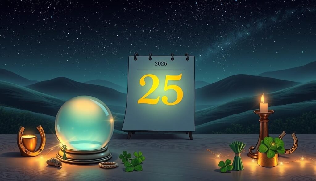 A serene, atmospheric scene showcasing the significance of the number 25 as a lucky number. In the foreground, a beautifully arranged table with a crystal ball and various lucky charms like horseshoes and four-leaf clovers, all elegantly displayed. The middle ground features a calendar page turning, clearly displaying the number 25, with soft, glimmering lights reflecting off its surface. In the background, a mystical landscape with gentle hills and a starry night sky filled with twinkling stars, hinting at fortune and destiny. The mood is enchanting and hopeful, with soft, warm lighting setting a calm and inviting atmosphere. The perspective is slightly angled to create depth, with a focus on the dazzling elements to draw the viewer's attention.