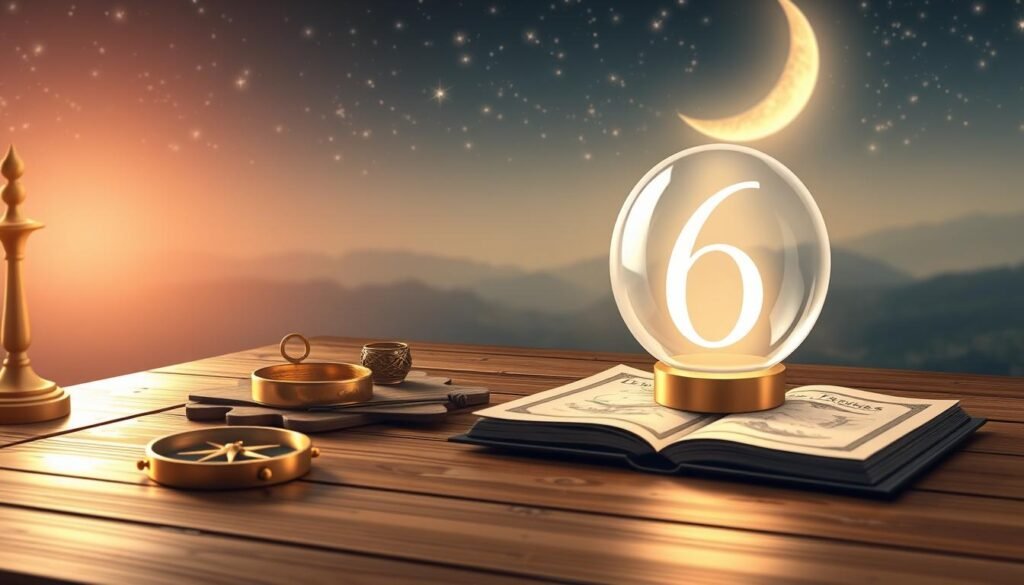 A serene, atmospheric setting showcasing a mystical scene centered around Taurus' lucky number. In the foreground, a wooden table is adorned with astrological tools, including a golden compass, a crystal orb, and a beautifully illustrated astrological chart. The middle ground features a gentle, ethereal glow emanating from the crystal orb, illuminating an elegant, handwritten number '6' that symbolizes luck for Taurus. The background is a soft, dreamy landscape with twinkling stars and a crescent moon, casting a calming light over the scene. Use soft, ambient lighting to create a peaceful ambiance, with a shallow depth of field to focus on the foreground elements. The overall mood should evoke a sense of curiosity and serenity, inviting viewers to explore their own lucky number.