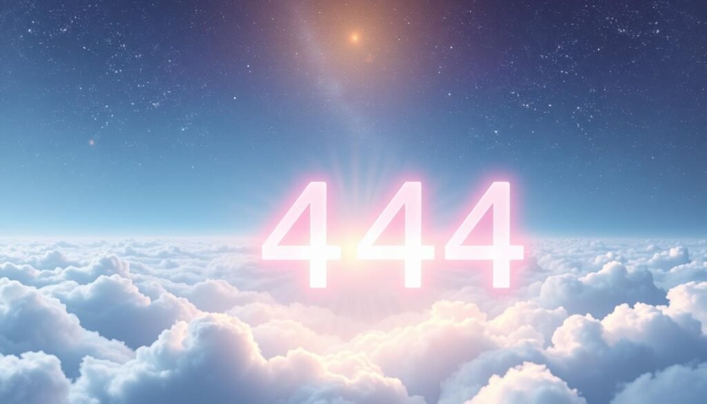 A serene celestial scene depicting the significance of angel number 444, featuring the number "444" elegantly designed with ethereal light emanating from it. In the foreground, beautifully styled with soft glowing orbs and subtle rays of light, symbolizing stability and strength. The middle ground includes gentle clouds, blending harmonious shades of blue and white, creating a calming atmosphere. In the background, a vast, starlit sky with twinkling stars suggests a sense of guidance and protection. The lighting is soft and warm, evoking tranquility and positivity. The mood is uplifting and inspiring, perfect for illustrating concepts of numerology and spirituality without any text or distractions.