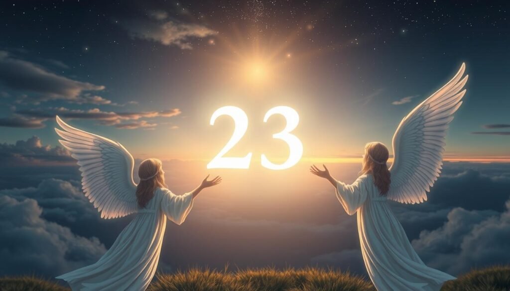 A serene celestial scene featuring the number "23" glowing softly at the center, surrounded by delicate angelic wings that shimmer in a gentle silver light. In the foreground, ethereal guardian angels embodying calmness and wisdom, dressed in flowing white robes, are reaching out towards the number with an expression of guidance and support. The middle ground reveals a dreamy landscape with subtle clouds and stars, illuminating the night sky in shades of deep blue and purple. The background features a tranquil, illuminated horizon reflecting hope and possibilities. Soft, warm lighting casts an uplifting atmosphere, emphasizing the significance of the number 23 as a symbol of luck and connection. The perspective captures a slight upward angle, inviting the viewer to look towards the light and feel a sense of wonder and positivity. A serene celestial scene featuring the number "23" glowing softly at the center, surrounded by delicate angelic wings that shimmer in a gentle silver light. In the foreground, ethereal guardian angels embodying calmness and wisdom, dressed in flowing white robes, are reaching out towards the number with an expression of guidance and support. The middle ground reveals a dreamy landscape with subtle clouds and stars, illuminating the night sky in shades of deep blue and purple. The background features a tranquil, illuminated horizon reflecting hope and possibilities. Soft, warm lighting casts an uplifting atmosphere, emphasizing the significance of the number 23 as a symbol of luck and connection. The perspective captures a slight upward angle, inviting the viewer to look towards the light and feel a sense of wonder and positivity.