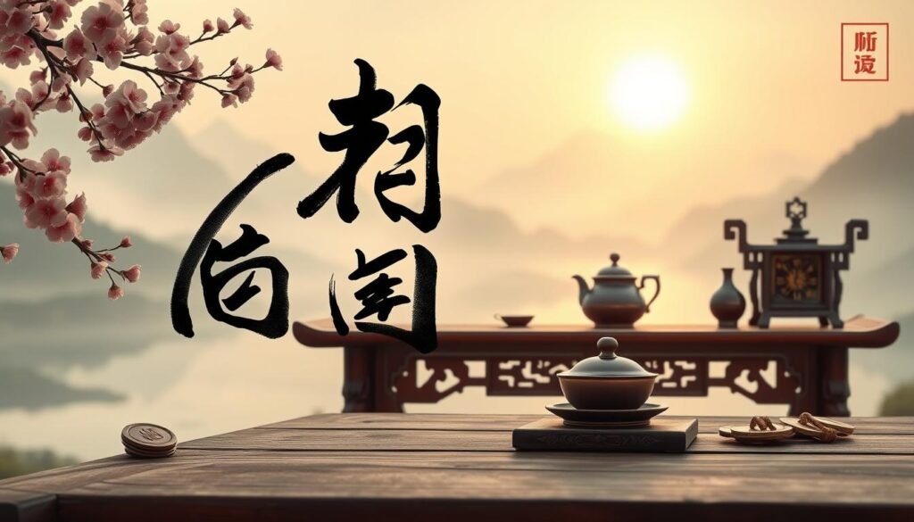 A serene composition focusing on the number 6, elegantly crafted in a traditional Chinese calligraphy style. In the foreground, the number 6 is beautifully rendered with intricate brush strokes, surrounded by delicate cherry blossoms and auspicious symbols like coins and an old compass, signifying fortune and prosperity. In the middle ground, a traditional Chinese wooden table showcases a tea set, enhancing the cultural richness. The background features an ethereal landscape with mist-covered mountains and a tranquil river, bathed in the warm glow of early morning light, creating a peaceful and contemplative atmosphere. The image conveys a sense of harmony and good luck, embodying the significance of the number 6 in Chinese culture, captured from a slightly elevated angle for greater depth.