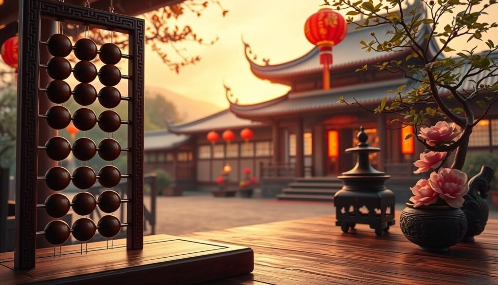 A serene, culturally rich scene representing the meaning of the number 10 in Chinese culture. In the foreground, a beautifully crafted Chinese abacus with ten beads prominently displayed, symbolizing balance and harmony. The middle ground features a traditional wooden table adorned with vibrant, decorative elements like red lanterns and peonies, signifying good fortune and joy. The background showcases a softly illuminated Chinese temple with intricate architecture, bathed in warm, golden-hour light, creating a peaceful atmosphere. A slight breeze gently rustles the leaves of nearby bonsai trees, enhancing the tranquility. The overall mood is one of auspiciousness and cultural appreciation, inviting the viewer to reflect on the significance of the number 10. Use a soft focus lens effect to create depth and warmth in the image. A serene, culturally rich scene representing the meaning of the number 10 in Chinese culture. In the foreground, a beautifully crafted Chinese abacus with ten beads prominently displayed, symbolizing balance and harmony. The middle ground features a traditional wooden table adorned with vibrant, decorative elements like red lanterns and peonies, signifying good fortune and joy. The background showcases a softly illuminated Chinese temple with intricate architecture, bathed in warm, golden-hour light, creating a peaceful atmosphere. A slight breeze gently rustles the leaves of nearby bonsai trees, enhancing the tranquility. The overall mood is one of auspiciousness and cultural appreciation, inviting the viewer to reflect on the significance of the number 10. Use a soft focus lens effect to create depth and warmth in the image.