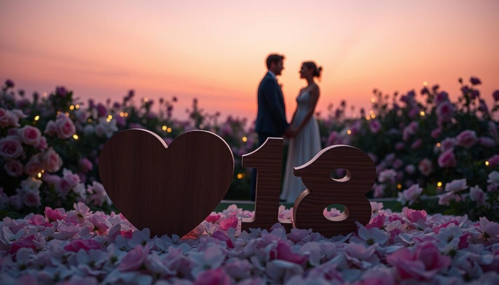 A serene, dreamlike setting emphasizing the number 18 creatively intertwined with symbols of love and relationships. In the foreground, a beautifully crafted wooden heart-shaped sculpture, inscribed with the number 18, rests on a soft bed of delicate flowers in shades of pink and white. In the middle ground, two elegantly dressed individuals (a man in a tailored suit and a woman in a modest, flowing dress) are gently holding hands, smiling at each other, surrounded by an enchanting garden filled with blooming roses and fairy lights. The background showcases a twilight sky, with a warm gradient of soft purples and blues, casting a magical glow over the scene. The entire composition reflects a harmonious and romantic atmosphere, evoking feelings of connection, hope, and the significance of the number 18 in love. A serene, dreamlike setting emphasizing the number 18 creatively intertwined with symbols of love and relationships. In the foreground, a beautifully crafted wooden heart-shaped sculpture, inscribed with the number 18, rests on a soft bed of delicate flowers in shades of pink and white. In the middle ground, two elegantly dressed individuals (a man in a tailored suit and a woman in a modest, flowing dress) are gently holding hands, smiling at each other, surrounded by an enchanting garden filled with blooming roses and fairy lights. The background showcases a twilight sky, with a warm gradient of soft purples and blues, casting a magical glow over the scene. The entire composition reflects a harmonious and romantic atmosphere, evoking feelings of connection, hope, and the significance of the number 18 in love.