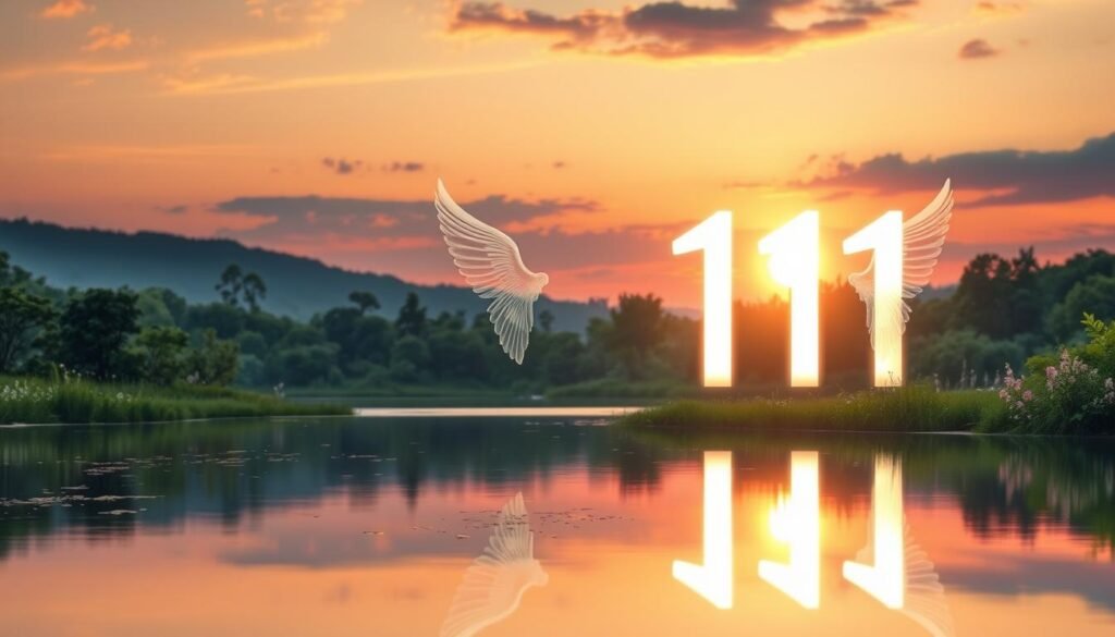 A serene, ethereal landscape featuring the number "111" gracefully illuminated in soft, glowing light. The foreground showcases delicate angel wings that subtly form around the number, symbolizing divine guidance. In the middle ground, a calm, reflective lake mirrors the number and wings, surrounded by lush greenery and gentle, blooming flowers that represent growth and positivity. In the background, a twilight sky transitions from warm oranges to deep purples, depicting the transition between day and night, suggesting new beginnings. The scene is bathed in soft, dreamy lighting, evoking a sense of tranquility and inspiration. Shot with a wide-angle lens to capture the expansive beauty of the landscape and create an uplifting mood. A serene, ethereal landscape featuring the number "111" gracefully illuminated in soft, glowing light. The foreground showcases delicate angel wings that subtly form around the number, symbolizing divine guidance. In the middle ground, a calm, reflective lake mirrors the number and wings, surrounded by lush greenery and gentle, blooming flowers that represent growth and positivity. In the background, a twilight sky transitions from warm oranges to deep purples, depicting the transition between day and night, suggesting new beginnings. The scene is bathed in soft, dreamy lighting, evoking a sense of tranquility and inspiration. Shot with a wide-angle lens to capture the expansive beauty of the landscape and create an uplifting mood.