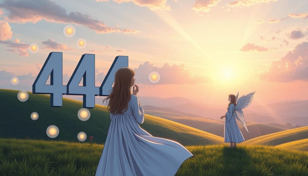 A serene, ethereal landscape featuring the number "444" artistically integrated into the scene, surrounded by soft, glowing orbs symbolizing positive energy and guidance. In the foreground, a delicate angelic figure, clad in flowing white robes, gazes thoughtfully at the number, embodying a sense of peace and wisdom. The middle ground showcases lush, green hills under a pastel-colored sky during twilight, with rays of golden light filtering through gentle clouds, representing the universe's messages. The background features a distant horizon, hinting at infinite possibilities and clarity. The overall mood is uplifting and tranquil, evoking a sense of hope and reassurance. Soft, diffused lighting enhances the dreamlike quality, inviting viewers to reflect on the significance and luck of the number 444.