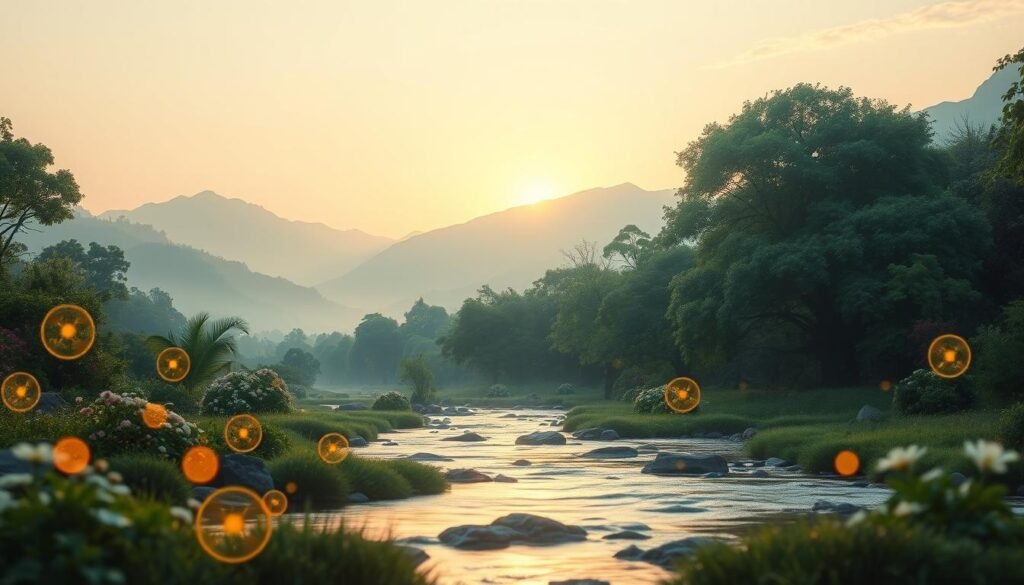 A serene, ethereal landscape representing spiritual growth, featuring the number "77" subtly integrated into the foreground as shimmering golden light orbs. In the middle ground, a gentle stream flows through a lush, vibrant forest with large, green trees and blooming flowers, symbolizing abundance and prosperity. In the background, soft mountains rise under a glowing, pastel sky at dawn, casting a warm, hopeful light. The mood is one of tranquility and enlightenment, inviting a sense of reflection and connection with the universe. The scene is captured with a wide-angle lens, creating depth, and enhanced by soft, diffused lighting to evoke a peaceful atmosphere that encourages personal growth and spiritual awakening. A serene, ethereal landscape representing spiritual growth, featuring the number "77" subtly integrated into the foreground as shimmering golden light orbs. In the middle ground, a gentle stream flows through a lush, vibrant forest with large, green trees and blooming flowers, symbolizing abundance and prosperity. In the background, soft mountains rise under a glowing, pastel sky at dawn, casting a warm, hopeful light. The mood is one of tranquility and enlightenment, inviting a sense of reflection and connection with the universe. The scene is captured with a wide-angle lens, creating depth, and enhanced by soft, diffused lighting to evoke a peaceful atmosphere that encourages personal growth and spiritual awakening.