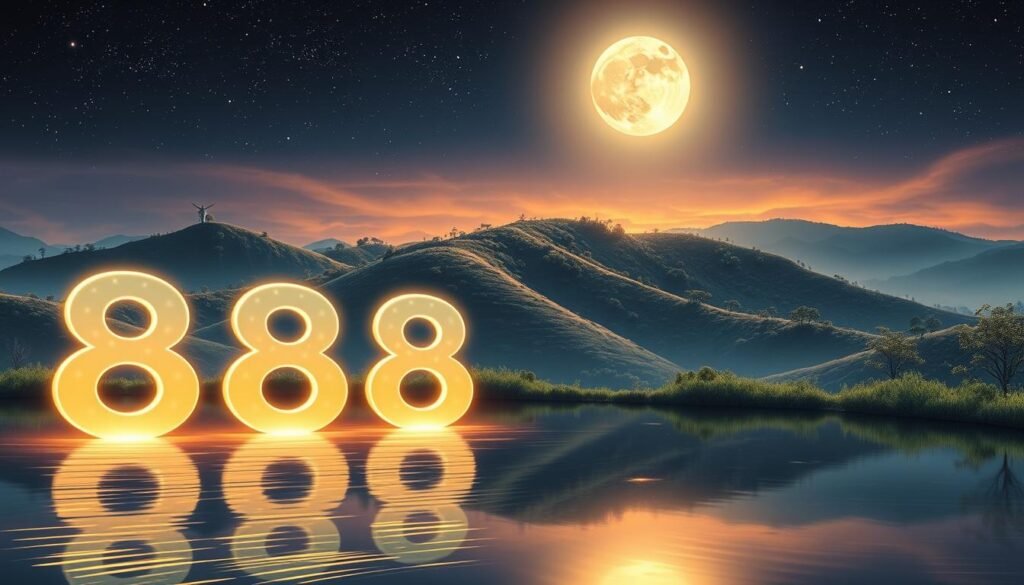 A serene, ethereal landscape representing the spiritual significance of 888. In the foreground, a tranquil water pool reflects three large, luminescent figures of the number 888, glowing softly in shades of gold and blue. The middle ground features gentle hills adorned with lush greenery, where subtle, transparent angelic figures appear to be guiding energies in the air, symbolizing angel numbers. The background showcases a twilight sky filled with stars, with a radiant full moon casting a soft, magical light over the scene. The atmosphere is peaceful and contemplative, invoking a sense of wonder and spirituality. This image is captured with a wide-angle lens to enhance the depth and invite viewers into the mystical space. A serene, ethereal landscape representing the spiritual significance of 888. In the foreground, a tranquil water pool reflects three large, luminescent figures of the number 888, glowing softly in shades of gold and blue. The middle ground features gentle hills adorned with lush greenery, where subtle, transparent angelic figures appear to be guiding energies in the air, symbolizing angel numbers. The background showcases a twilight sky filled with stars, with a radiant full moon casting a soft, magical light over the scene. The atmosphere is peaceful and contemplative, invoking a sense of wonder and spirituality. This image is captured with a wide-angle lens to enhance the depth and invite viewers into the mystical space.