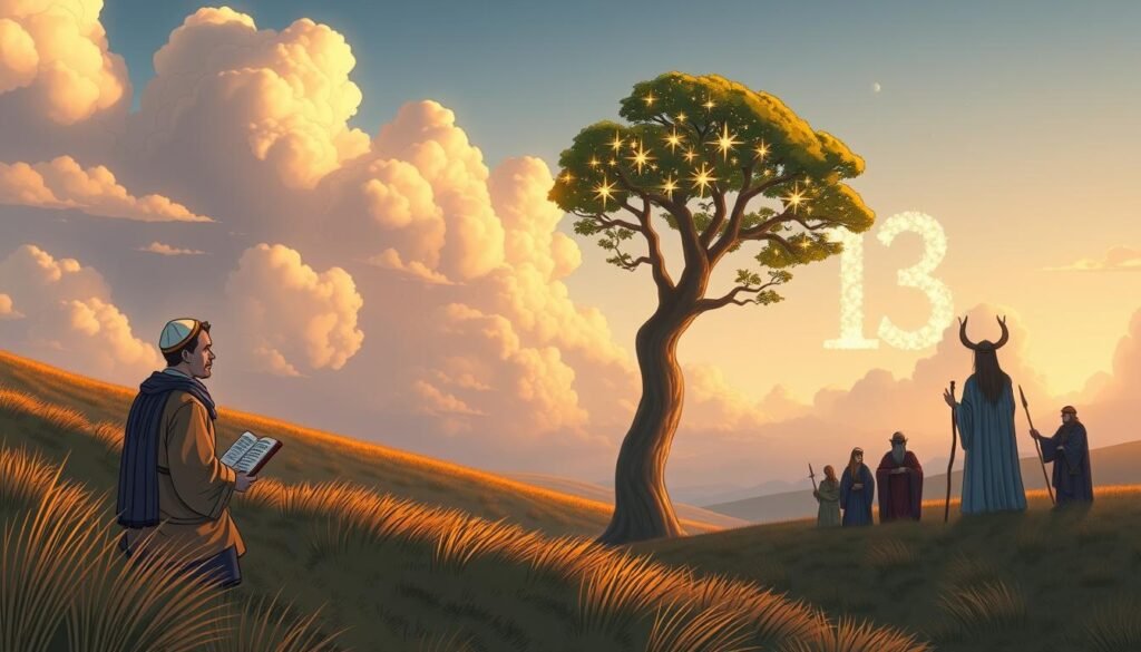 A serene, ethereal landscape showcasing the religious significance of the number 13, featuring diverse symbols. In the foreground, a Bar Mitzvah ceremony is taking place, with a young boy in modest attire reading from the Torah, surrounded by friends in cultural clothing. The middle ground depicts a Norse ritual, with figures in traditional garb, invoking the presence of the 13 gods, under a sacred tree adorned with offerings. In the background, soft clouds part to reveal a subtle number 13 formed by shimmering stars in the twilight sky, casting a gentle glow. The atmosphere is mystical yet respectful, with warm golden light illuminating the scenes, captured from a slightly elevated angle to encompass both ceremonies harmoniously. A serene, ethereal landscape showcasing the religious significance of the number 13, featuring diverse symbols. In the foreground, a Bar Mitzvah ceremony is taking place, with a young boy in modest attire reading from the Torah, surrounded by friends in cultural clothing. The middle ground depicts a Norse ritual, with figures in traditional garb, invoking the presence of the 13 gods, under a sacred tree adorned with offerings. In the background, soft clouds part to reveal a subtle number 13 formed by shimmering stars in the twilight sky, casting a gentle glow. The atmosphere is mystical yet respectful, with warm golden light illuminating the scenes, captured from a slightly elevated angle to encompass both ceremonies harmoniously.