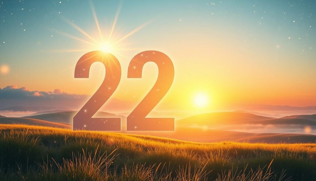 A serene, ethereal scene depicting the meaning behind angel number 222 in numerology. In the foreground, a glowing, large number "222" is beautifully adorned with delicate, radiant light rays emanating from it. Surrounding the number are gentle wisps of clouds and sparkling orbs that symbolize balance and harmony. In the middle ground, a tranquil landscape unfolds with soft rolling hills and lush greenery, bathed in golden sunlight, creating a sense of peace and hope. The background features a clear sky transitioning from a warm sunset to a twilight blue, filled with twinkling stars, emphasizing the cosmic connection of this number. Soft, diffused lighting enhances the uplifting mood, inviting viewers to reflect on the significance of this angel number.