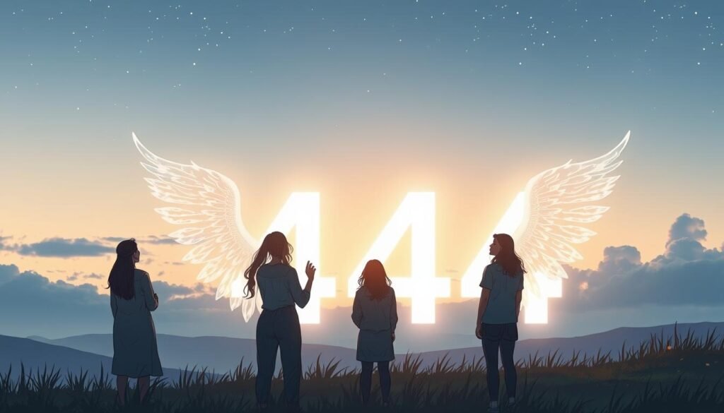 A serene, ethereal scene depicting the significance of angel number 444. In the foreground, a glowing number "444" radiates light, surrounded by delicate angelic wings that seem to shimmer with soft hues of blue and gold. In the middle ground, a gentle, calming landscape unfolds with a tranquil sky transitioning into twilight, stars beginning to twinkle. Silhouettes of peaceful figures, dressed in modest casual clothing, gaze upwards in reverence as if seeking clarity and guidance. In the background, subtle clouds form gentle shapes that resemble guardian angels, adding a sense of protection and spirituality. The atmosphere is tranquil and uplifting, illuminated by a soft, warm light that emphasizes hope and guidance. The perspective is slightly upward, evoking a feeling of connection to the divine.