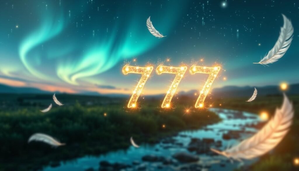 A serene, ethereal scene featuring the number "7777" prominently displayed in a shimmering, celestial light. In the foreground, the numbers are surrounded by soft, glowing orbs and delicate feathers, symbolizing angelic presence and luck. The middle ground features a calm landscape with lush greenery and a gentle stream flowing, reflecting the peaceful energy of the number. In the background, a twilight sky filled with stars and subtle auroras creates a mystical atmosphere, enhancing the sense of wonder. The lighting is soft and ethereal, casting a warm glow on the scene, inviting viewers to feel a sense of hope and positivity. Capture this moment with a slight tilt-shift lens effect for a dreamy, enchanting quality. A serene, ethereal scene featuring the number "7777" prominently displayed in a shimmering, celestial light. In the foreground, the numbers are surrounded by soft, glowing orbs and delicate feathers, symbolizing angelic presence and luck. The middle ground features a calm landscape with lush greenery and a gentle stream flowing, reflecting the peaceful energy of the number. In the background, a twilight sky filled with stars and subtle auroras creates a mystical atmosphere, enhancing the sense of wonder. The lighting is soft and ethereal, casting a warm glow on the scene, inviting viewers to feel a sense of hope and positivity. Capture this moment with a slight tilt-shift lens effect for a dreamy, enchanting quality.