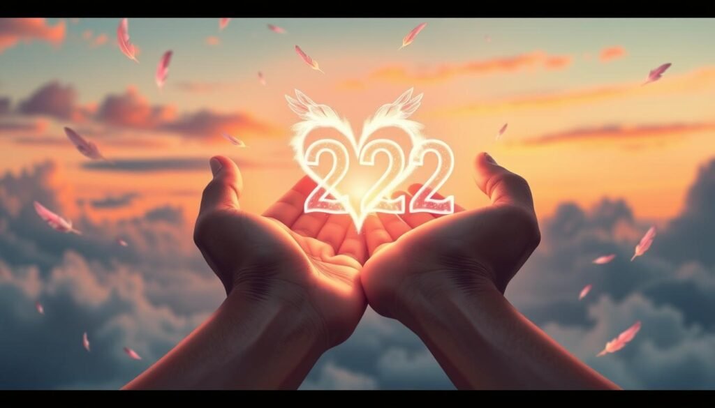 A serene, ethereal scene illustrating the concept of "angel number 222" with a focus on love. In the foreground, a pair of intertwined hands, symbolizing unity and affection, gently hold a glowing number "222" made of soft, shimmering light. The middle ground features a delicate, pastel-hued heart shape, surrounded by floating ethereal feathers that evoke a sense of connection. In the background, a softly lit twilight sky with gentle clouds, painted in warm pinks and blues, creates a tranquil atmosphere. The lighting is soft and dreamy, enhancing the magical feeling of love and harmony. The image should be captured from a slightly elevated angle to add depth, creating an intimate vibe while keeping all elements professional and uplifting.