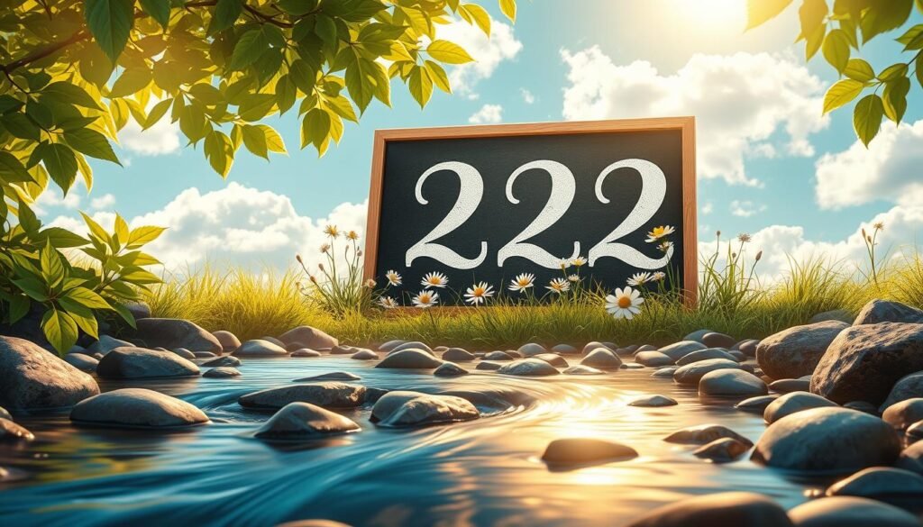 A serene, ethereal scene illustrating the concept of angel number 222. In the foreground, a gentle stream flows over smooth pebbles, illuminated by soft, golden sunlight filtering through lush green leaves. In the middle ground, a chalkboard displays the numbers "222" in elegant white script, surrounded by delicate flowers symbolizing growth and harmony. In the background, a bright, blue sky dotted with fluffy clouds suggests peace and positivity. The ambiance evokes tranquility and hope, with a warm glow that inspires reflection. Capture this scene using a wide-angle lens to encompass the natural beauty and soften shadows for a dreamlike quality. The overall mood should be uplifting and encouraging, ideal for illustrating the meaning of luck and positivity.