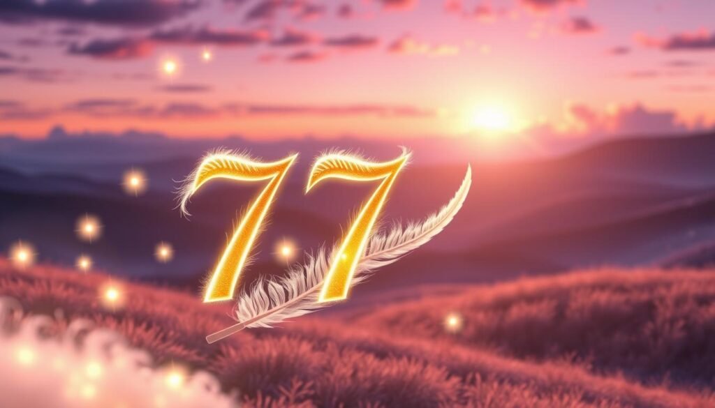 A serene, ethereal scene representing the spiritual significance of the number 777. In the foreground, a softly glowing golden number “777” is intertwined with shimmering white angel feathers, surrounded by subtle, luminescent orbs of light. The middle ground features a tranquil landscape of rolling hills under a twilight sky, where gentle stars begin to twinkle brightly. In the background, celestial clouds part to reveal a radiant light, symbolizing divine guidance and enlightenment. The atmosphere is peaceful and uplifting, with warm hues of purples and blues that evoke a sense of calm and wonder. The scene is softly illuminated, creating a dreamlike effect, as if inviting the viewer into a sacred space of reflection and insight.
