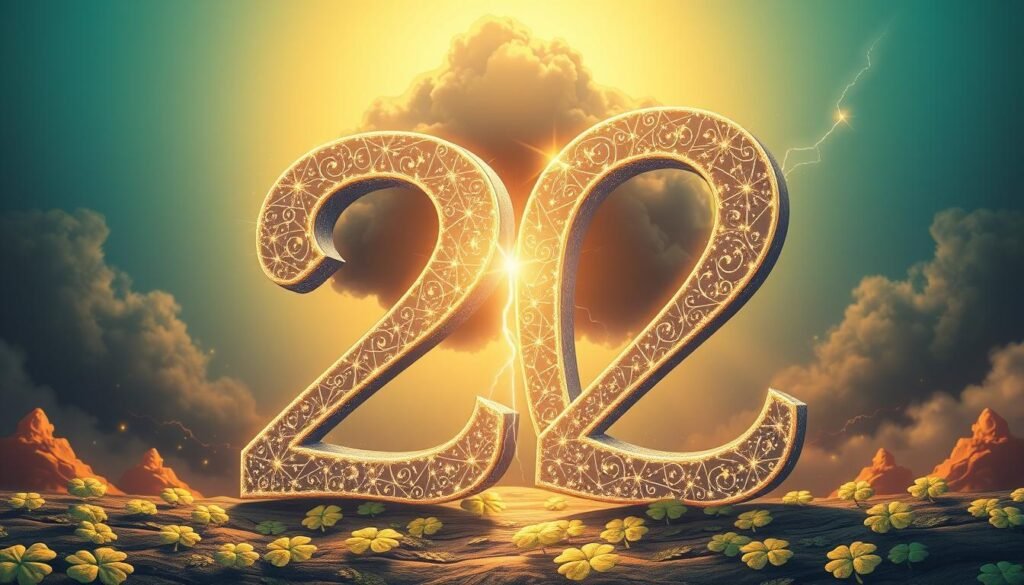 A serene exploration of the concept of the number 22, focusing on its duality of power and challenges. In the foreground, a shimmering, large number 22 is intricately designed, surrounded by symbols of luck such as four-leaf clovers and small stars, representing its fortunate aspects. In the middle ground, a contrasting dark cloud looms with faint lightning bolts, symbolizing challenges and complexities associated with this number. The background consists of a soft gradient from deep blue to bright gold, portraying a sense of balance between luck and adversity. The lighting is warm and inviting, casting gentle highlights on the number, creating a mystical atmosphere. The overall mood is contemplative and empowering, invoking a sense of intrigue and discovery about the number 22. A serene exploration of the concept of the number 22, focusing on its duality of power and challenges. In the foreground, a shimmering, large number 22 is intricately designed, surrounded by symbols of luck such as four-leaf clovers and small stars, representing its fortunate aspects. In the middle ground, a contrasting dark cloud looms with faint lightning bolts, symbolizing challenges and complexities associated with this number. The background consists of a soft gradient from deep blue to bright gold, portraying a sense of balance between luck and adversity. The lighting is warm and inviting, casting gentle highlights on the number, creating a mystical atmosphere. The overall mood is contemplative and empowering, invoking a sense of intrigue and discovery about the number 22.