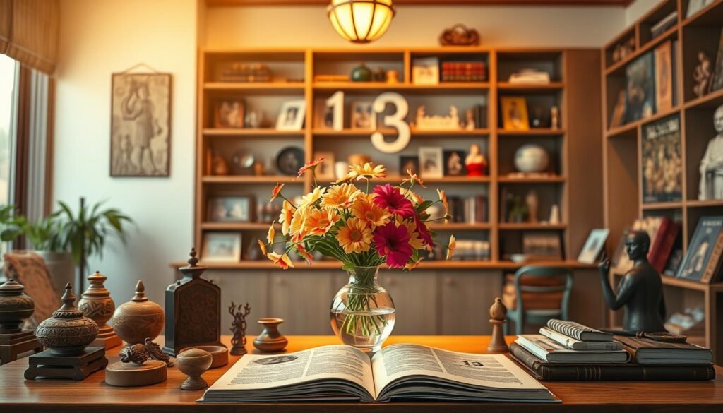 A serene indoor scene showcasing the cultural significance of the number 13. In the foreground, a beautifully arranged cultural display featuring 13 symbolic objects, such as traditional talismans, artworks, or books, all representing various cultures that view 13 as lucky. In the middle, a softly lit table with a vase of 13 vibrant flowers, reflecting warmth and positivity. The background presents shelves filled with historical artifacts and images of celebrations that highlight the positive aspects of the number 13 across different cultures. The lighting is warm and inviting, with a gentle glow illuminating the space, creating an uplifting atmosphere. Capture this scene with a slightly elevated angle to provide depth, using a soft focus to emphasize the foreground details while maintaining clarity in the middle and background. A serene indoor scene showcasing the cultural significance of the number 13. In the foreground, a beautifully arranged cultural display featuring 13 symbolic objects, such as traditional talismans, artworks, or books, all representing various cultures that view 13 as lucky. In the middle, a softly lit table with a vase of 13 vibrant flowers, reflecting warmth and positivity. The background presents shelves filled with historical artifacts and images of celebrations that highlight the positive aspects of the number 13 across different cultures. The lighting is warm and inviting, with a gentle glow illuminating the space, creating an uplifting atmosphere. Capture this scene with a slightly elevated angle to provide depth, using a soft focus to emphasize the foreground details while maintaining clarity in the middle and background.