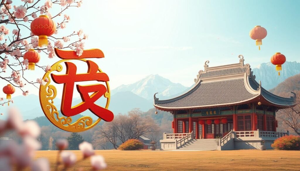 A serene landscape depicting the significance of the number 8 in Chinese culture. In the foreground, a giant, intricate gold and red character "八" (Eight) surrounded by blossoming cherry blossoms and lanterns symbolizing prosperity. The middle ground features an elegant traditional Chinese pavilion, adorned with vibrant decorations, showcasing a harmonious blend of colors. Soft, warm light bathes the scene, enhancing the festive yet peaceful atmosphere. In the background, majestic mountains rise under a clear blue sky, representing strength and stability. The overall composition conveys a sense of balance and positivity, inviting viewers to reflect on the cultural importance of the number 8. The angle captures the scene from a slightly elevated position, emphasizing the beauty and richness of this celebration. A serene landscape depicting the significance of the number 8 in Chinese culture. In the foreground, a giant, intricate gold and red character "八" (Eight) surrounded by blossoming cherry blossoms and lanterns symbolizing prosperity. The middle ground features an elegant traditional Chinese pavilion, adorned with vibrant decorations, showcasing a harmonious blend of colors. Soft, warm light bathes the scene, enhancing the festive yet peaceful atmosphere. In the background, majestic mountains rise under a clear blue sky, representing strength and stability. The overall composition conveys a sense of balance and positivity, inviting viewers to reflect on the cultural importance of the number 8. The angle captures the scene from a slightly elevated position, emphasizing the beauty and richness of this celebration.