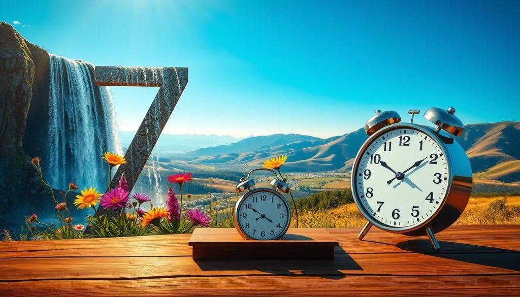 A serene landscape displaying the number 7 harmoniously integrated into nature, time, and daily life. In the foreground, a cascading waterfall forms the shape of the number 7, glistening in sunlight. Surrounding it, seven vibrant wildflowers of various colors bloom, symbolizing the richness of life. In the middle ground, a clock with seven prominent hour markers sits on a wooden table, casting soft shadows in the warm, golden hour light. In the background, rolling hills and a clear blue sky complete the tranquil scene. The mood is uplifting and whimsical, inviting viewers to appreciate the significance of the number 7 in different aspects of life. Shot with a wide-angle lens to capture the expansive beauty and detail, emphasizing clarity and vibrancy throughout the composition. A serene landscape displaying the number 7 harmoniously integrated into nature, time, and daily life. In the foreground, a cascading waterfall forms the shape of the number 7, glistening in sunlight. Surrounding it, seven vibrant wildflowers of various colors bloom, symbolizing the richness of life. In the middle ground, a clock with seven prominent hour markers sits on a wooden table, casting soft shadows in the warm, golden hour light. In the background, rolling hills and a clear blue sky complete the tranquil scene. The mood is uplifting and whimsical, inviting viewers to appreciate the significance of the number 7 in different aspects of life. Shot with a wide-angle lens to capture the expansive beauty and detail, emphasizing clarity and vibrancy throughout the composition.