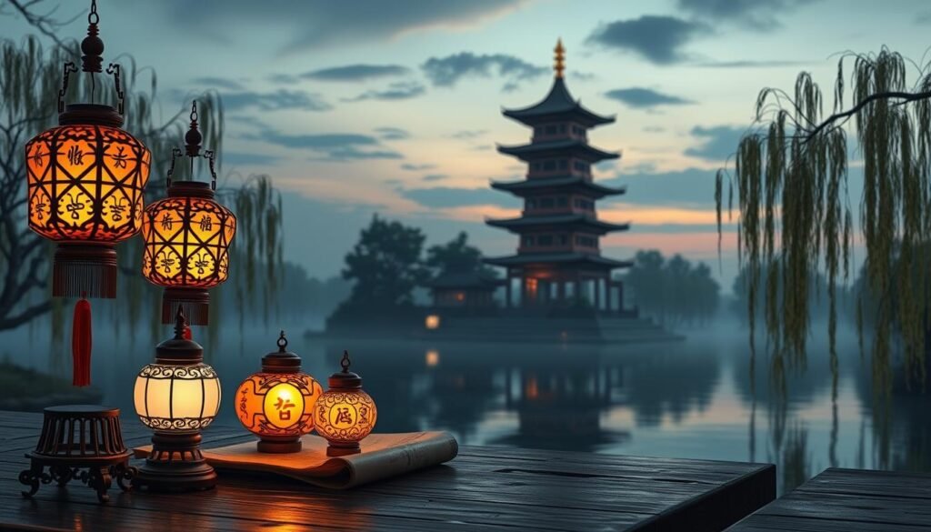 A serene landscape showcasing the historical significance of the number 5 in Chinese culture. In the foreground, five intricately designed traditional Chinese lanterns, softly glowing with warm light, rest on a wooden table beside antique scrolls inscribed with ancient Chinese symbols. In the middle ground, a majestic pagoda with five distinct tiers rises against a twilight sky, its silhouette highlighted by gentle lantern light. The background features a calm river reflecting the pagoda and surrounding willow trees, creating a peaceful ambiance. The scene is enriched with soft, diffused lighting to evoke a sense of tranquility and reverence for tradition. The overall atmosphere is harmonious, inviting viewers to reflect on the cultural importance of the number 5.