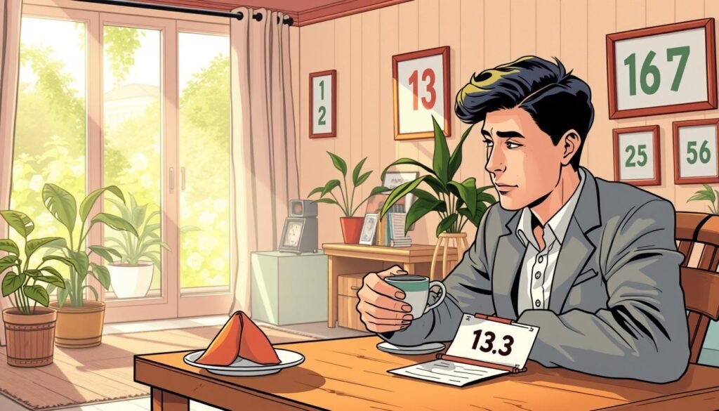 A serene morning scene depicting a cozy living room where a person discovers their lucky number for the day. In the foreground, a well-dressed individual sits at a wooden table, sipping coffee and examining a colorful fortune cookie with the number prominently displayed. The middle ground features a bright, inviting space filled with plants and framed images of numbers associated with good luck on the walls. In the background, a sunbeam filters through the window, casting a warm glow. The atmosphere is uplifting and positive, suggesting a sense of hope and opportunity in daily life. The lighting is soft and natural, evoking a peaceful morning vibe. The image should portray a sense of clarity and motivation, focusing on the significance of lucky numbers in everyday life. A serene morning scene depicting a cozy living room where a person discovers their lucky number for the day. In the foreground, a well-dressed individual sits at a wooden table, sipping coffee and examining a colorful fortune cookie with the number prominently displayed. The middle ground features a bright, inviting space filled with plants and framed images of numbers associated with good luck on the walls. In the background, a sunbeam filters through the window, casting a warm glow. The atmosphere is uplifting and positive, suggesting a sense of hope and opportunity in daily life. The lighting is soft and natural, evoking a peaceful morning vibe. The image should portray a sense of clarity and motivation, focusing on the significance of lucky numbers in everyday life.