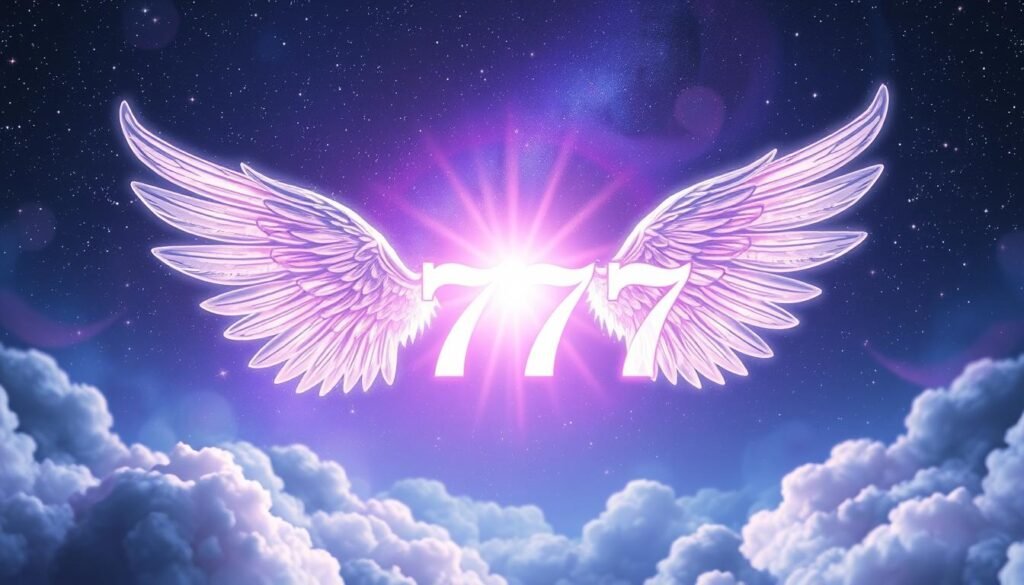 A serene, mystic scene illustrating the concept of angel number 777. In the foreground, a glowing, ethereal number "777" radiates soft, heavenly light. Surrounding this central number are delicate angelic wings, intricately detailed and shimmering with iridescence. The middle layer features a dreamy background of a starlit night sky, filled with twinkling stars and gentle swirls of pastel colors, such as purples and blues, symbolizing tranquility. Faint, translucent clouds drift through the scene, adding depth and dimension. The lighting is soft and illuminating, creating a magical and serene atmosphere. The overall mood is uplifting and mystical, inviting the viewer to feel a sense of connection and higher understanding. A serene, mystic scene illustrating the concept of angel number 777. In the foreground, a glowing, ethereal number "777" radiates soft, heavenly light. Surrounding this central number are delicate angelic wings, intricately detailed and shimmering with iridescence. The middle layer features a dreamy background of a starlit night sky, filled with twinkling stars and gentle swirls of pastel colors, such as purples and blues, symbolizing tranquility. Faint, translucent clouds drift through the scene, adding depth and dimension. The lighting is soft and illuminating, creating a magical and serene atmosphere. The overall mood is uplifting and mystical, inviting the viewer to feel a sense of connection and higher understanding.
