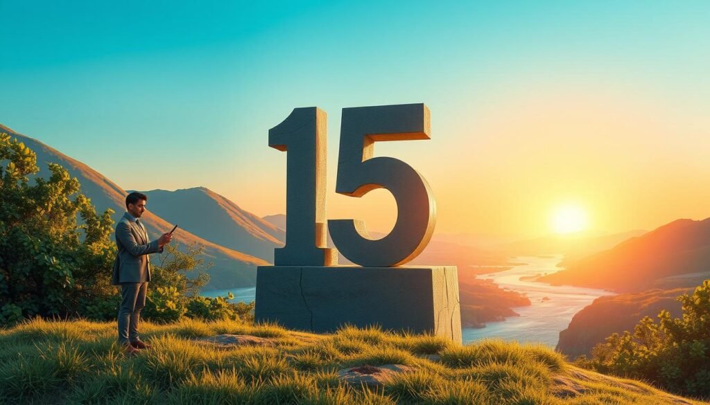 A serene, mystical landscape featuring the number 15 prominently displayed as if carved into a stone altar surrounded by lush greenery. In the foreground, a wise-looking figure dressed in modest, professional attire examines the number, symbolizing introspection and contemplation on personality traits and life paths. The middle ground showcases gentle hills and a flowing river that reflects the warm golden light of a setting sun. In the background, a clear blue sky gradually shifts into soft orange hues, creating an uplifting and harmonious atmosphere. The image captures a sense of curiosity and wonder, inviting viewers to ponder the significance of the number 15 as a touchstone for luck and destiny. The lighting is soft but glowing, enhancing the tranquil, reflective mood.