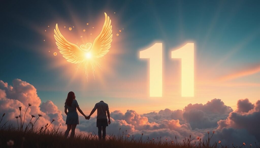 A serene mystical scene depicting the angel number 111 emanating a warm, golden glow that symbolizes love and harmony. In the foreground, two silhouettes of a couple holding hands, dressed in modest casual clothing, radiate a sense of connection and affection. The middle ground features soft, ethereal clouds intertwined with delicate floral elements, suggesting growth and nurturing in relationships. In the background, a tranquil twilight sky transitions from deep blue to warm hues of pink and orange, creating a romantic atmosphere. Gentle beams of light illuminate the number 111, highlighting its significance. The overall mood is uplifting and serene, evoking a sense of hope and positive energy in love life. Utilize soft focus with a shallow depth of field to enhance the dreamy ambiance. A serene mystical scene depicting the angel number 111 emanating a warm, golden glow that symbolizes love and harmony. In the foreground, two silhouettes of a couple holding hands, dressed in modest casual clothing, radiate a sense of connection and affection. The middle ground features soft, ethereal clouds intertwined with delicate floral elements, suggesting growth and nurturing in relationships. In the background, a tranquil twilight sky transitions from deep blue to warm hues of pink and orange, creating a romantic atmosphere. Gentle beams of light illuminate the number 111, highlighting its significance. The overall mood is uplifting and serene, evoking a sense of hope and positive energy in love life. Utilize soft focus with a shallow depth of field to enhance the dreamy ambiance.